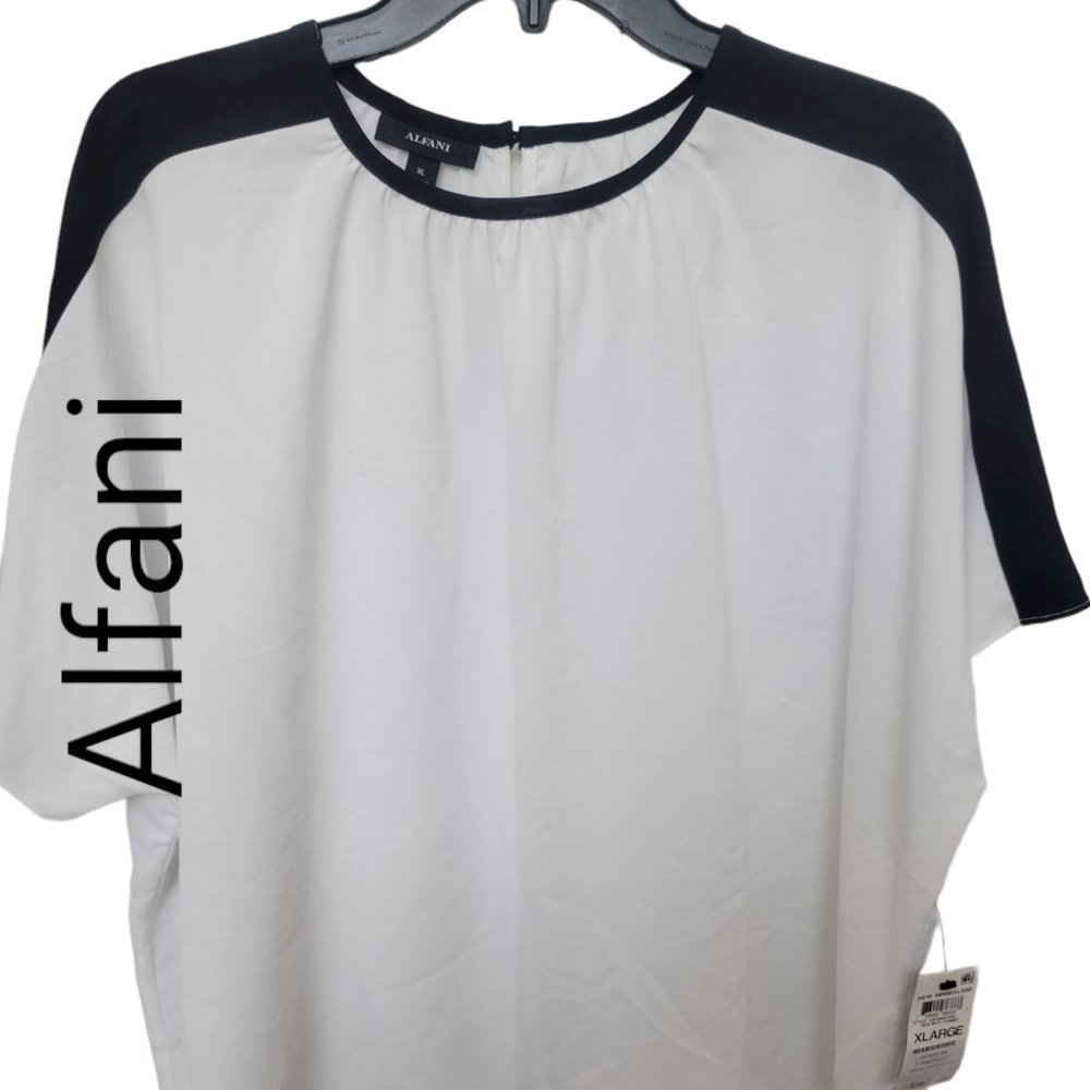 𝅺ALFANI Womens White Gathered Color Block Short Sleeve Crew Neck Top XL NWT